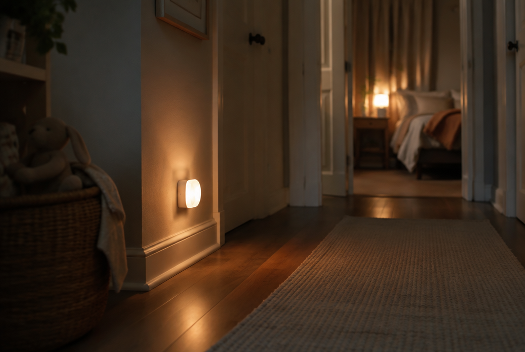 Veilleuse à détecteur de mouvement éclairant un couloir la nuit vers la chambre