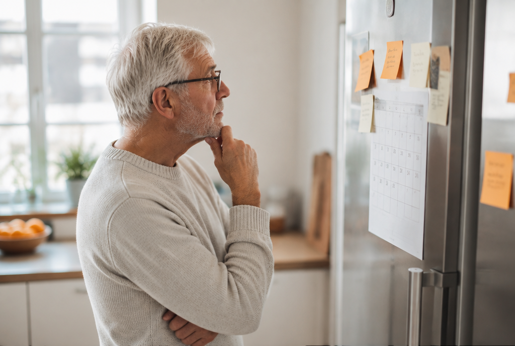 Homme âgé observant des post-it et un calendrier papier sur son réfrigérateur
