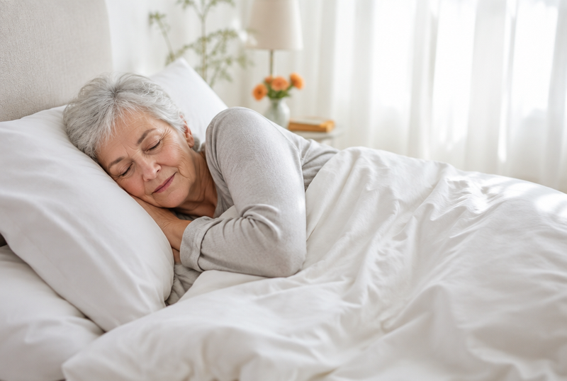Femme âgée dormant paisiblement dans une chambre lumineuse aux draps blancs