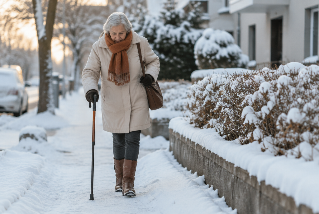 Femme âgée marchant prudemment avec une canne sur un trottoir enneigé en hiver