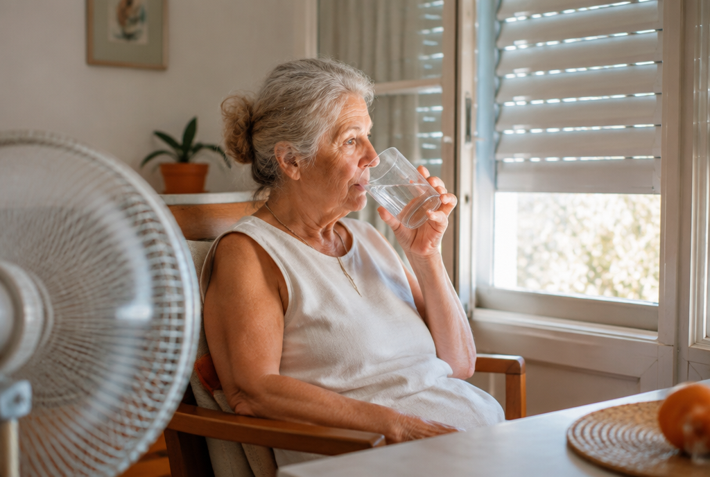 Femme âgée buvant un verre d'eau près d'une fenêtre aux volets mi-clos en été