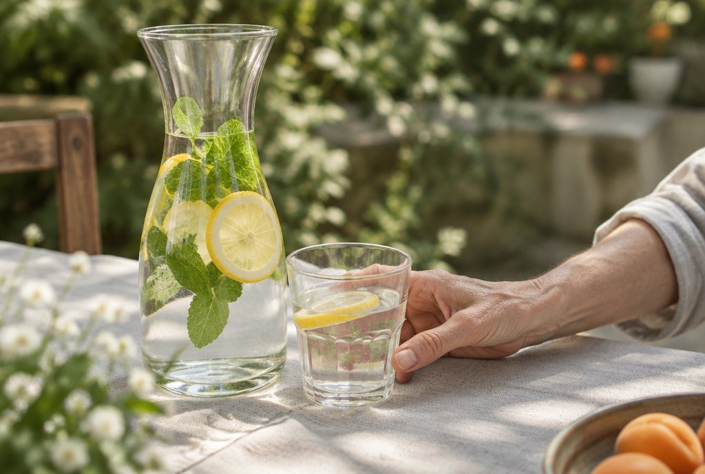 Main âgée attrapant un verre près d'une carafe d'eau citronnée au jardin