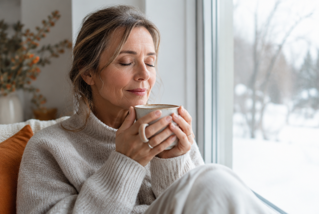 Femme quinquagénaire savourant un moment de calme avec une tasse de thé à la fenêtre