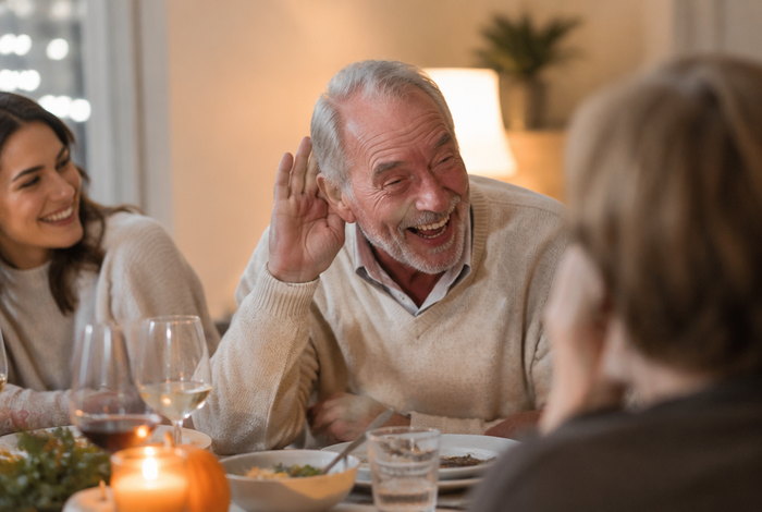 Homme âgé riant au dîner de famille, la main en cornet derrière l'oreille