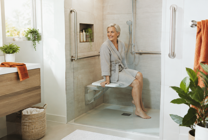 Salle de bain adaptée avec douche à l'italienne, barres d'appui et siège de douche