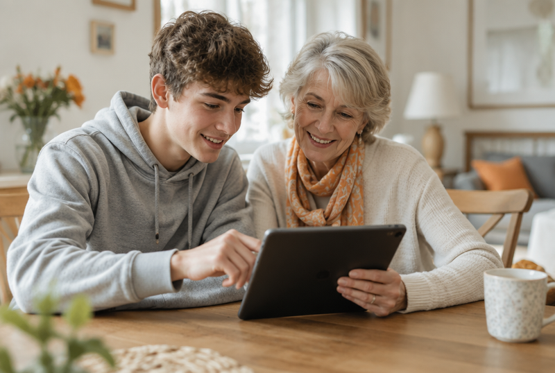 Adolescent montrant à sa grand-mère souriante comment utiliser une tablette à table