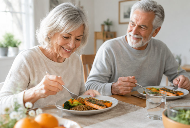 Couple de seniors partageant un repas équilibré de poisson, légumes et lentilles