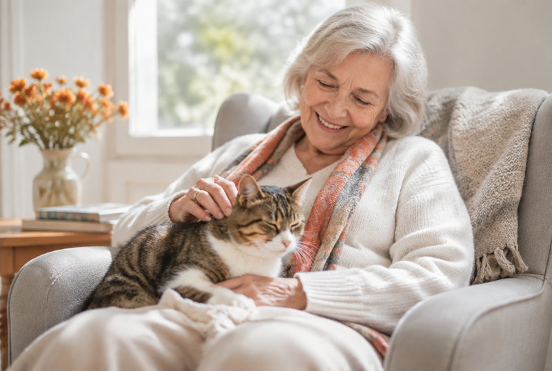 Femme âgée souriante caressant un chat calme sur ses genoux dans un fauteuil