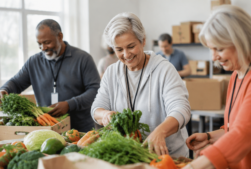 Retraités bénévoles souriants triant des légumes frais dans une banque alimentaire solidaire