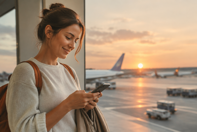 Femme souriante et rassurée consultant son téléphone devant une baie vitrée d'aéroport