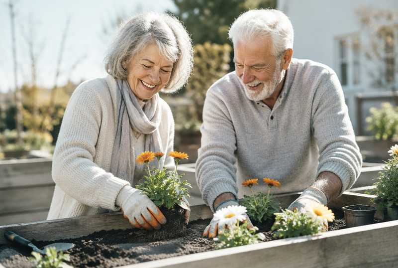 Couple de seniors souriants plantant des fleurs dans un potager surélevé au printemps