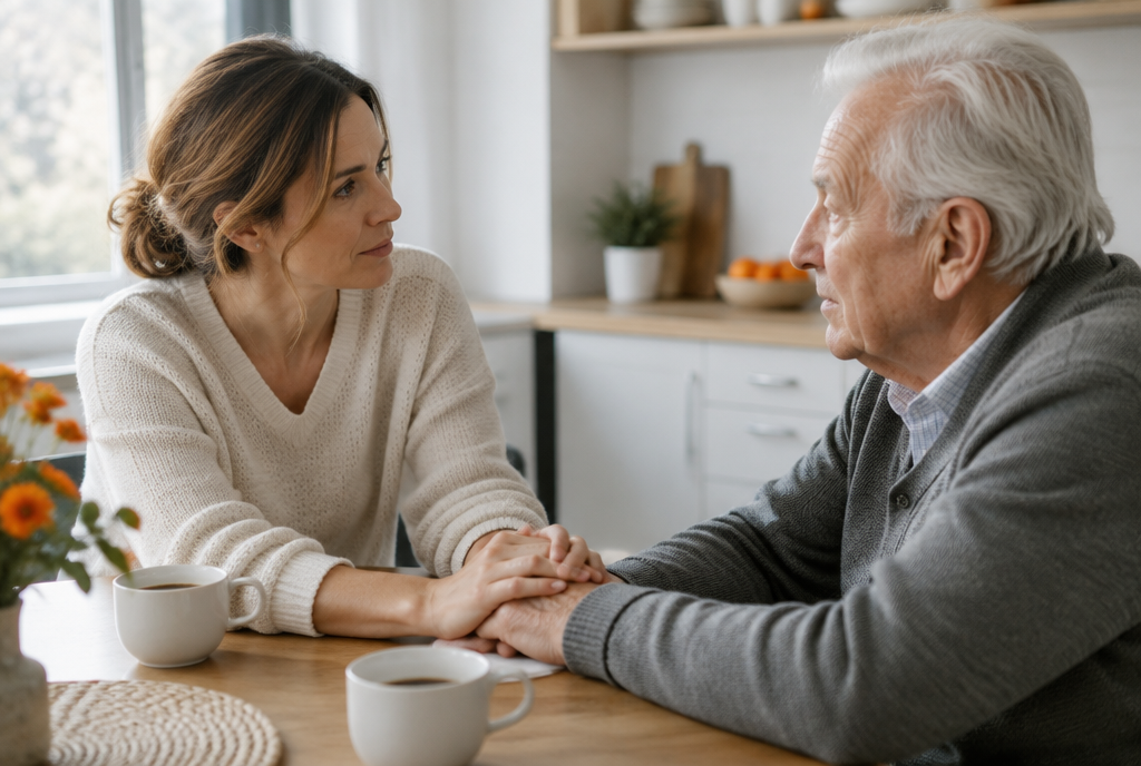 Fille adulte tenant la main de son père âgé autour d'un café en cuisine