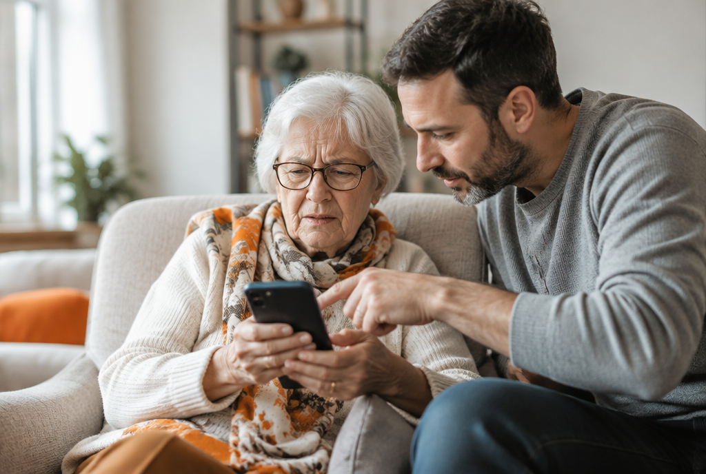 Femme âgée méfiante devant son smartphone, son fils adulte lui montrant l'écran