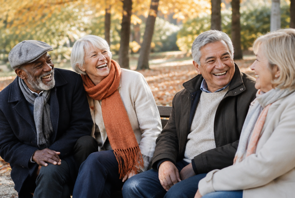 Groupe d'amis âgés riant ensemble sur un banc de parc en automne
