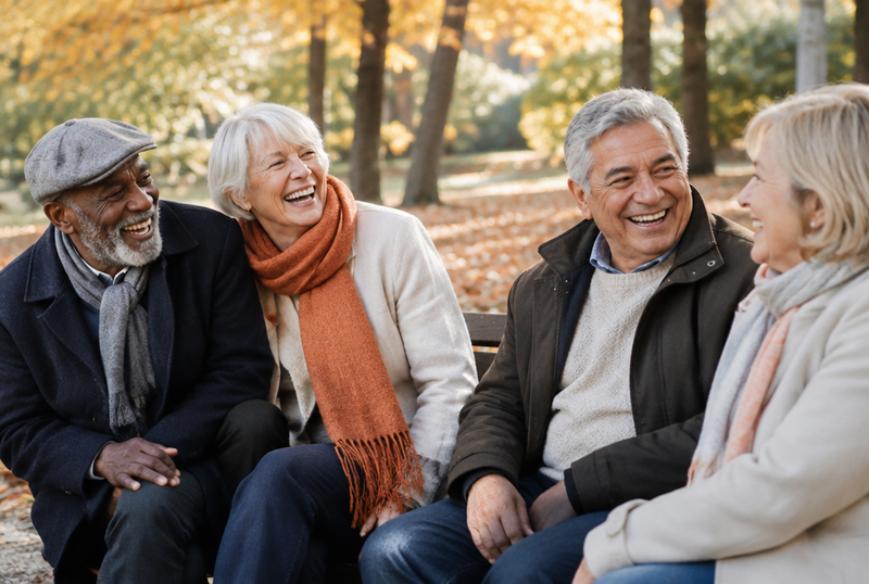 Groupe d'amis âgés riant ensemble sur un banc de parc en automne