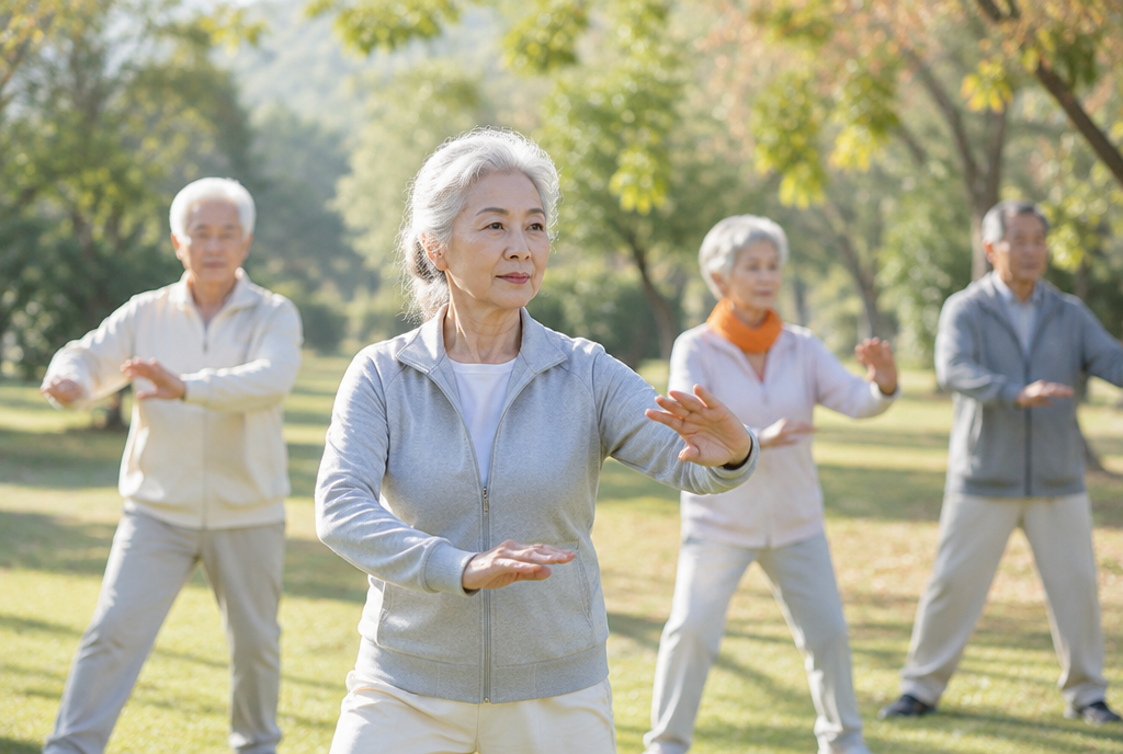 Petit groupe de seniors pratiquant le tai-chi en douceur dans un parc ensoleillé