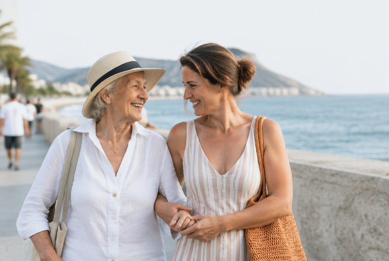 Femme âgée au chapeau de soleil se promenant avec sa fille en bord de mer
