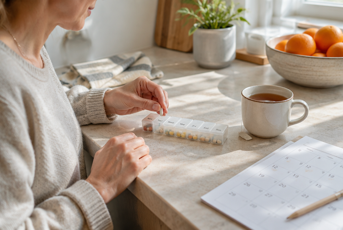 Pilulier hebdomadaire, tasse de thé et calendrier en gros caractères sur un plan de travail