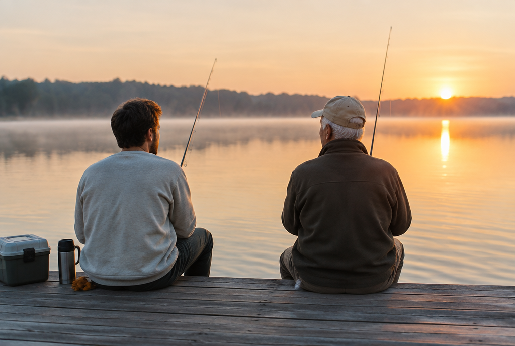 Fils adulte et son père âgé pêchant ensemble sur un ponton au lever du soleil