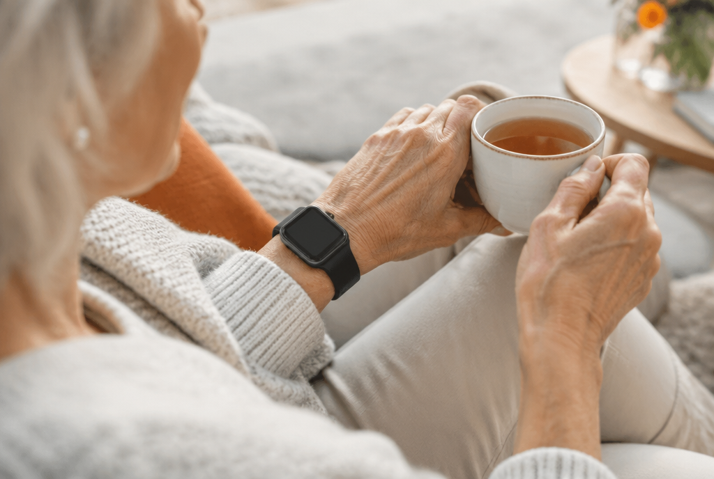 Poignet d'une femme âgée portant une montre connectée noire, tasse de thé en main