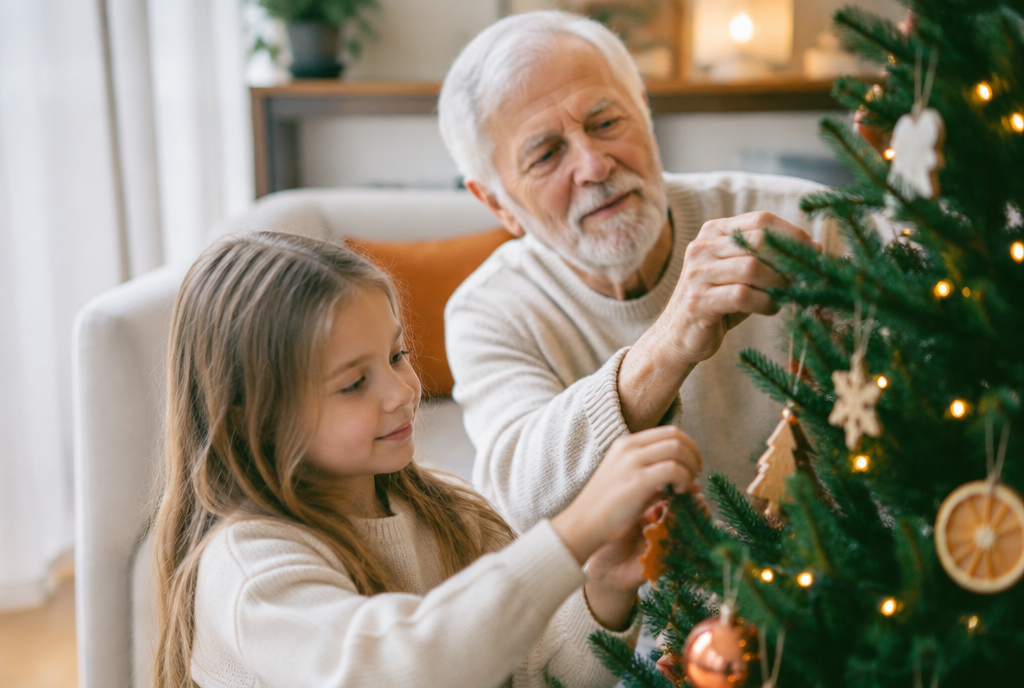Grand-père et sa petite-fille décorant ensemble un petit sapin de Noël illuminé