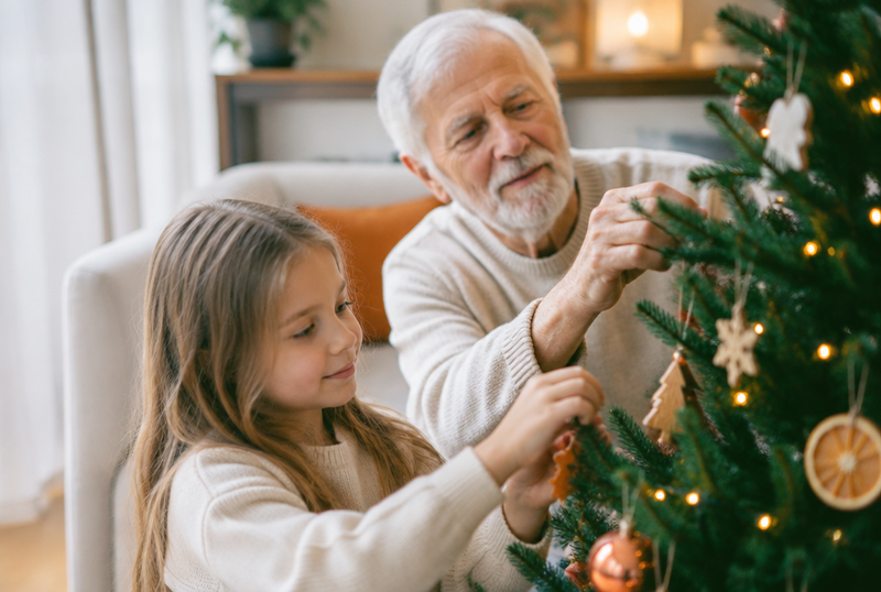 Grand-père et sa petite-fille décorant ensemble un petit sapin de Noël illuminé
