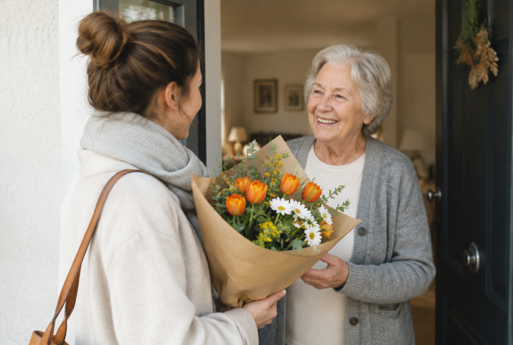 Fille adulte offrant un bouquet de fleurs printanières à sa mère âgée à sa porte