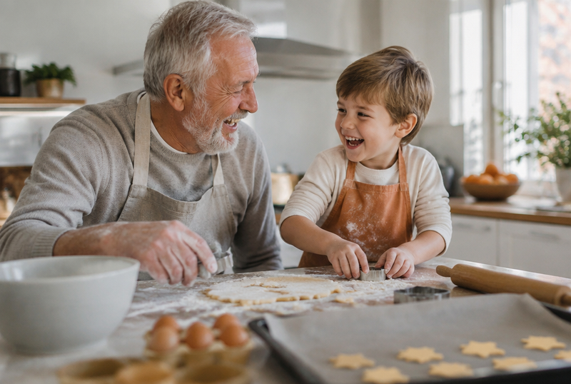 Grand-père et son petit-fils riant en préparant des biscuits dans la cuisine