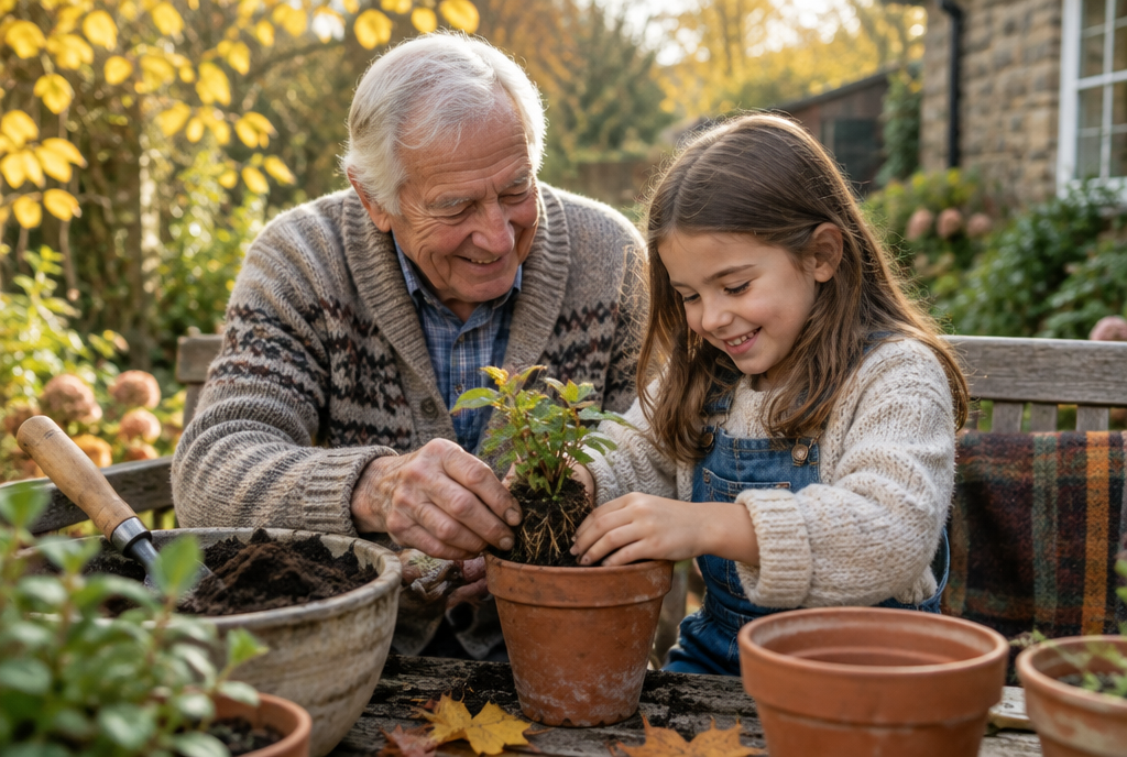 Grand-père apprenant à sa petite-fille à rempoter une plante dans un jardin en automne