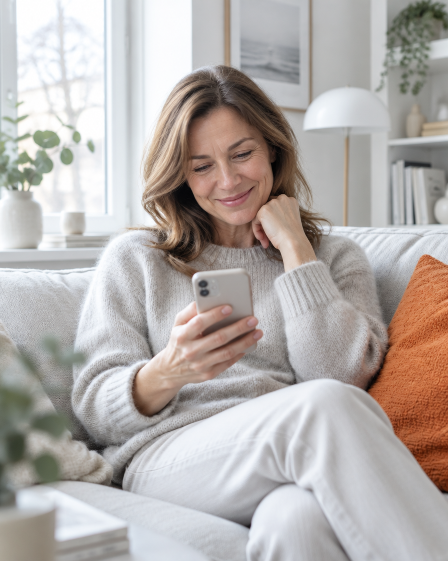 Femme rassurée lisant un message sur son téléphone
