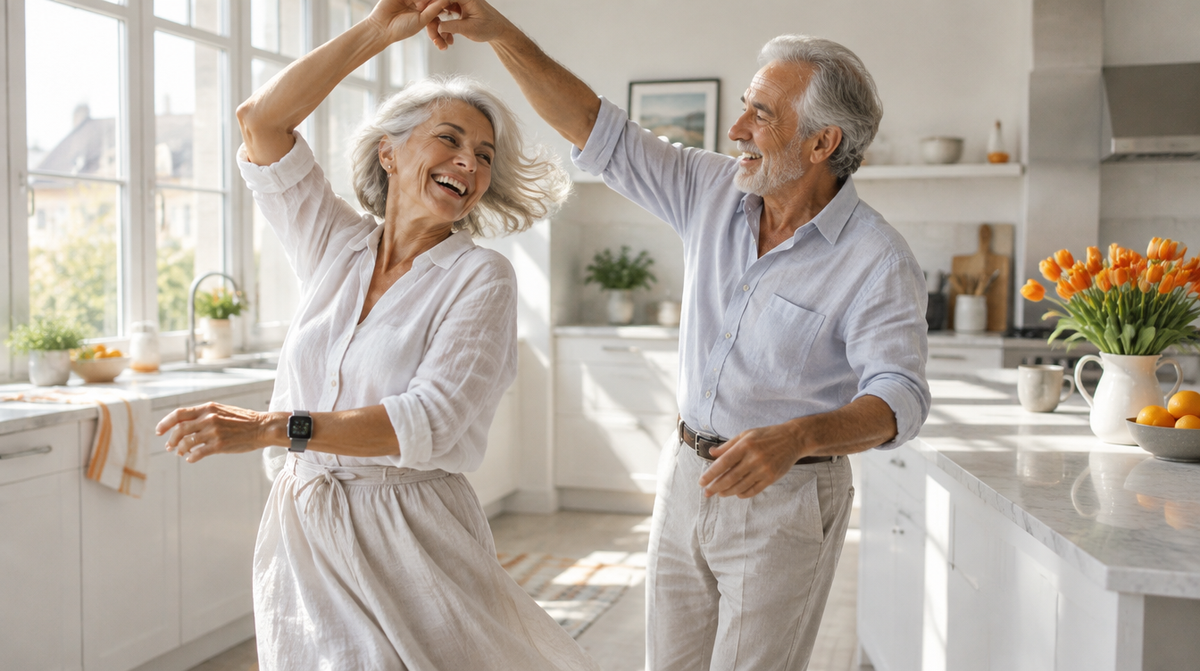 Couple de seniors dansant dans la cuisine