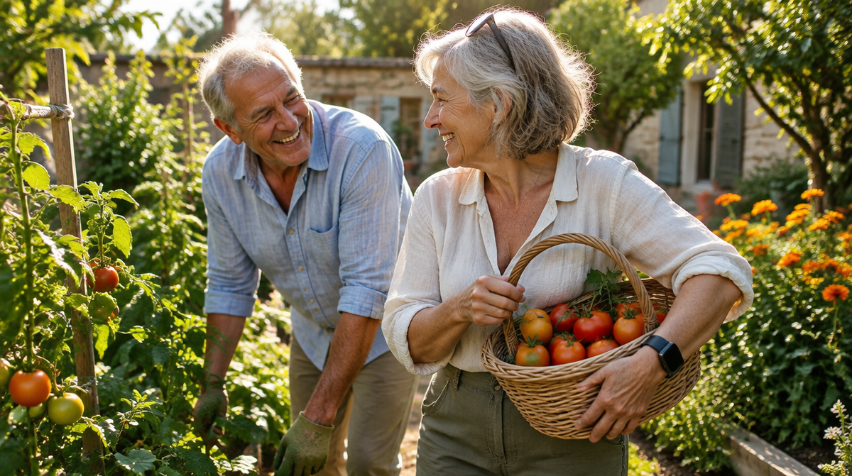 Couple de seniors qui jardine en riant