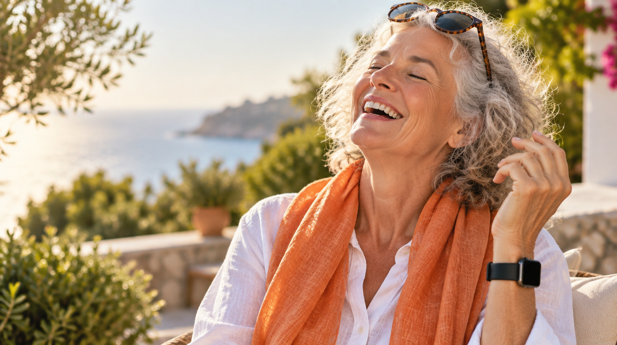 Femme de 75 ans riant sur une terrasse avec sa montre