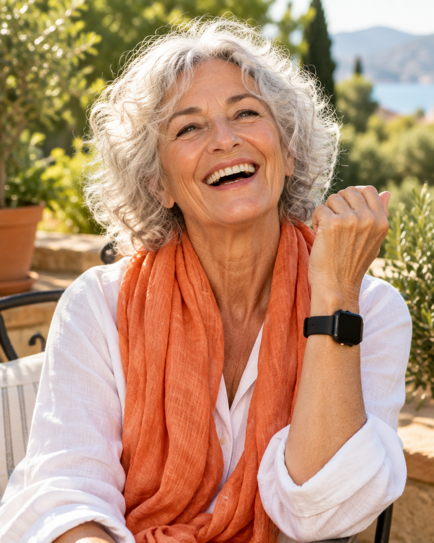 Femme âgée riant avec sa montre